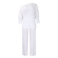 Women's Solid Color Asymmetrical Neck Top and Wide Leg Pants Set