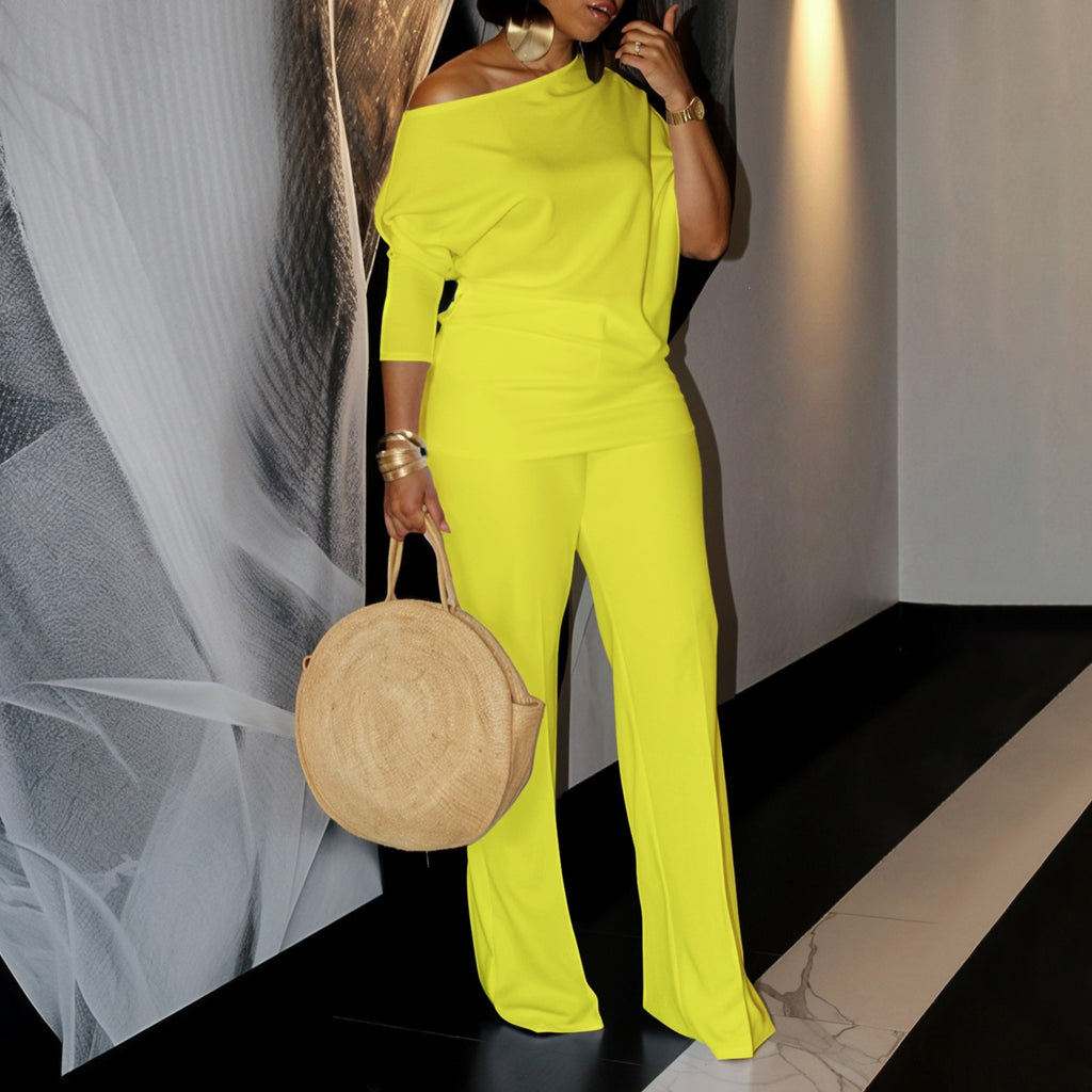 Women's Solid Color Asymmetrical Neck Top and Wide Leg Pants Set