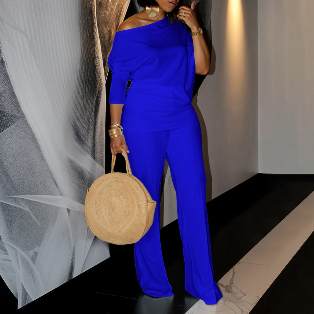 Women's Solid Color Asymmetrical Neck Top and Wide Leg Pants Set