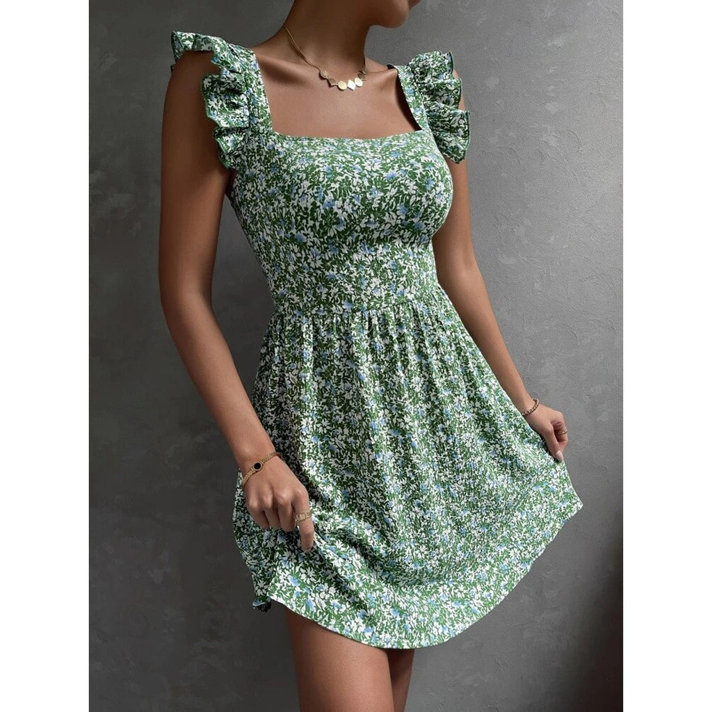 Square-neck ruffled shoulder bow dress