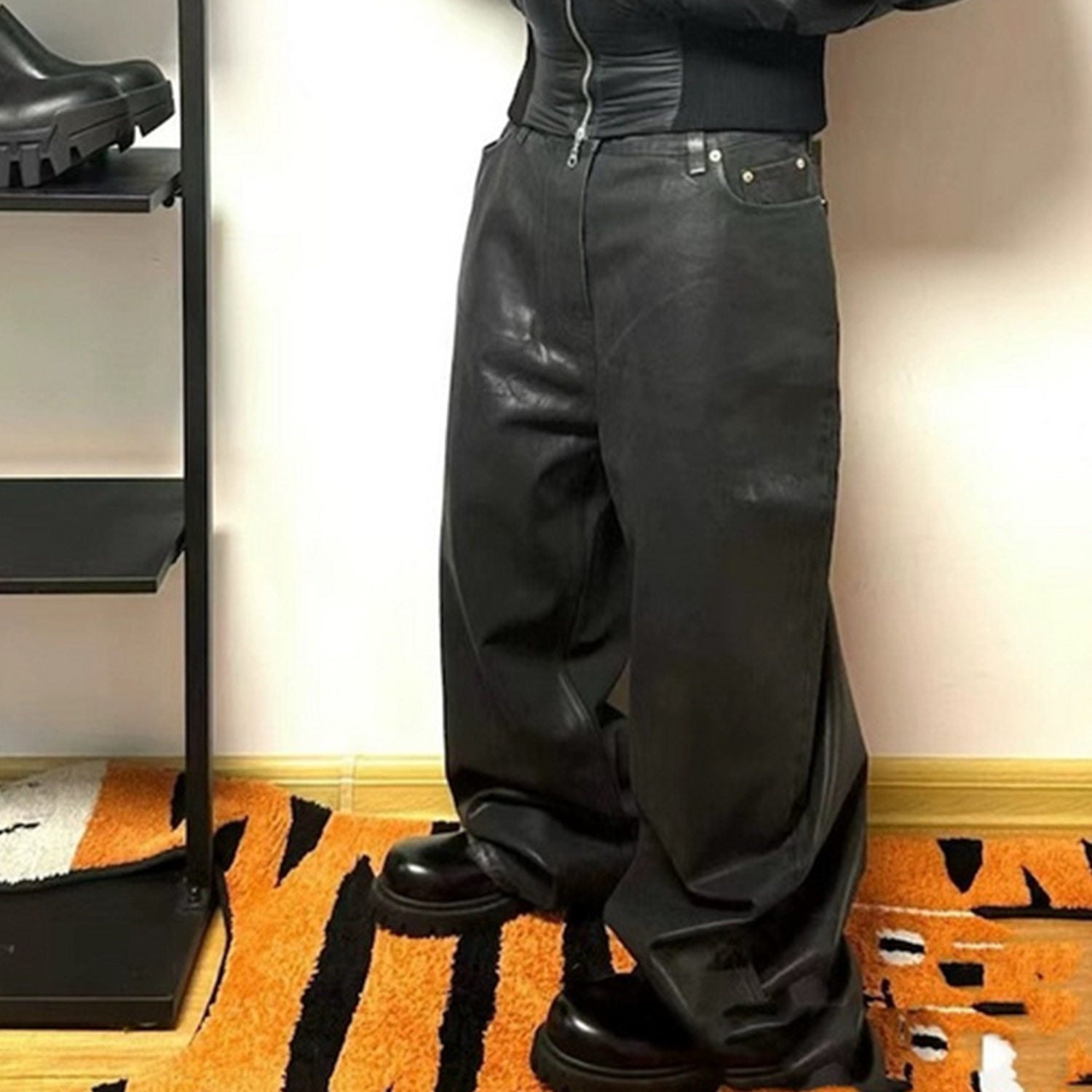 Ro Style Black Waxed Coated Straight Leg Jeans